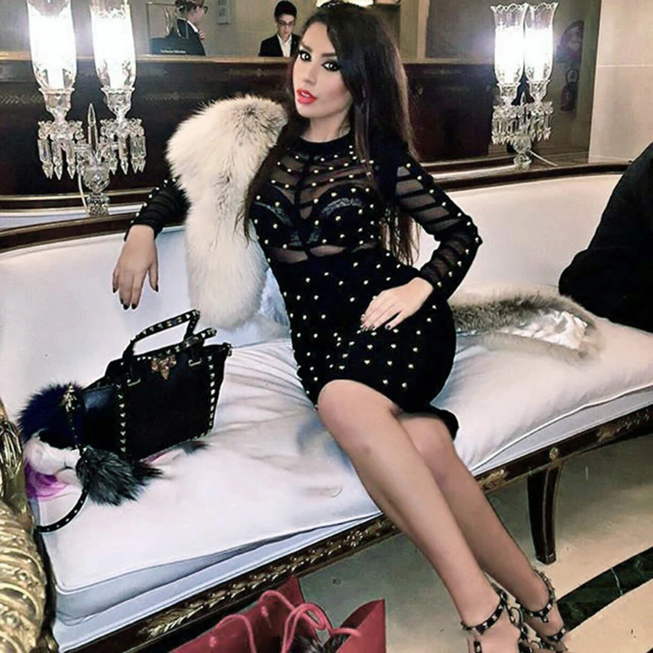 New Winter Celebrity Party Bandage Dress Women Knee Length Bodycon Dresses Sexy Mesh Long Sleeve Beaded Dresses