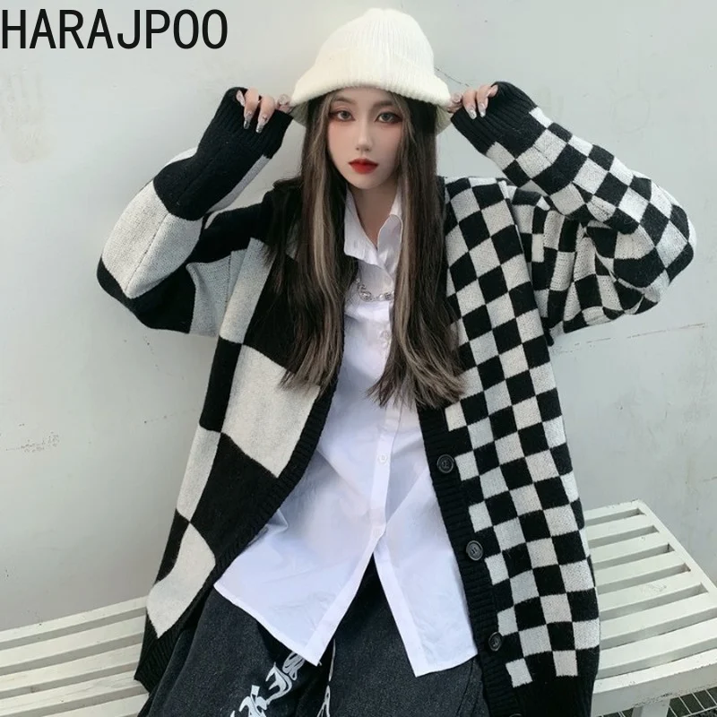 

Женский вязаный уличный кардиган Harajpoo, винтажные свободные длинные свитера контрастных цветов в черно-белую клетку в шахматную клетку, вес...