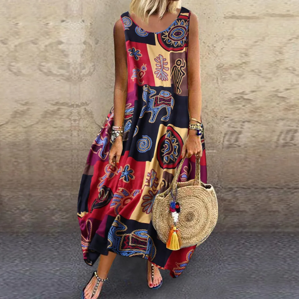 Женское платье Бохо больших размеров винтажное длинное макси без рукавов с