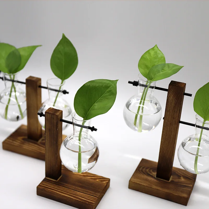 

Creative wooden table top hydroponic green rose glass crafts vase container home decoration