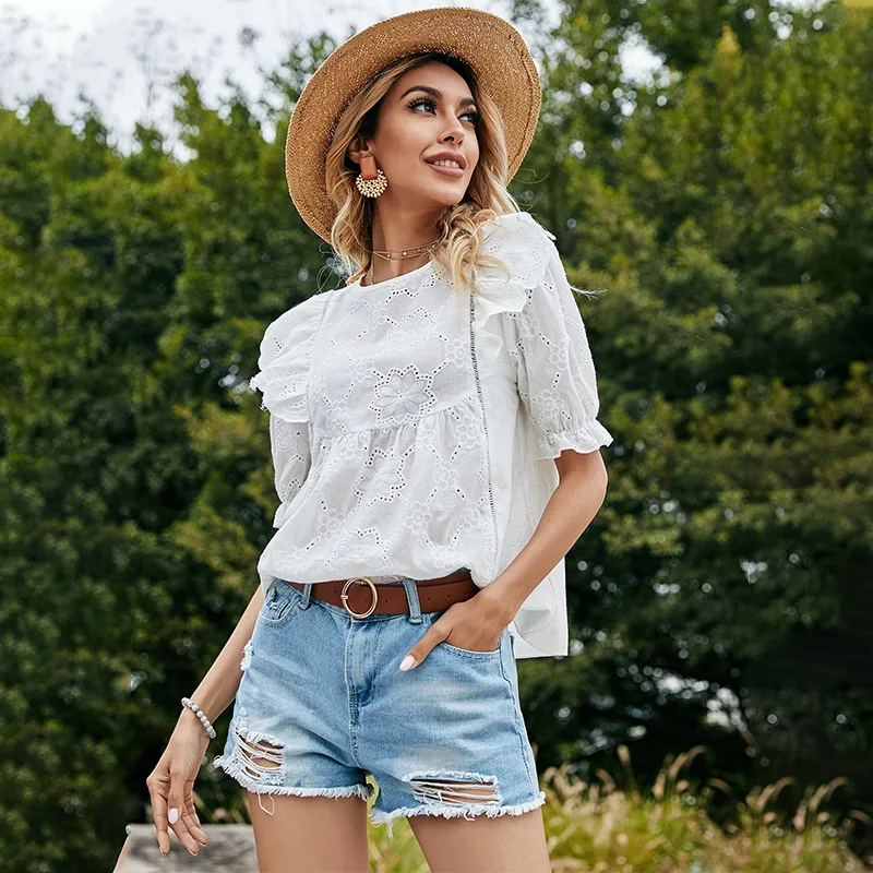 

Spring New Hollow Out Sweet Top Women 2021 Short Sleeve Ruffles Blouses Top Ladies Loose Summer White Pullover Tops