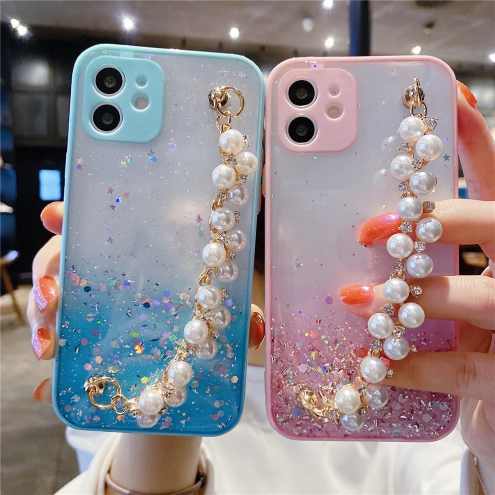 

Gradient Quicksand Pearl Bracelet Phone Case For iPhone 12 Mini 11 Pro Max XS XR Xs Max 6 7 8Plus Hard Plastic Coque Clear Cover