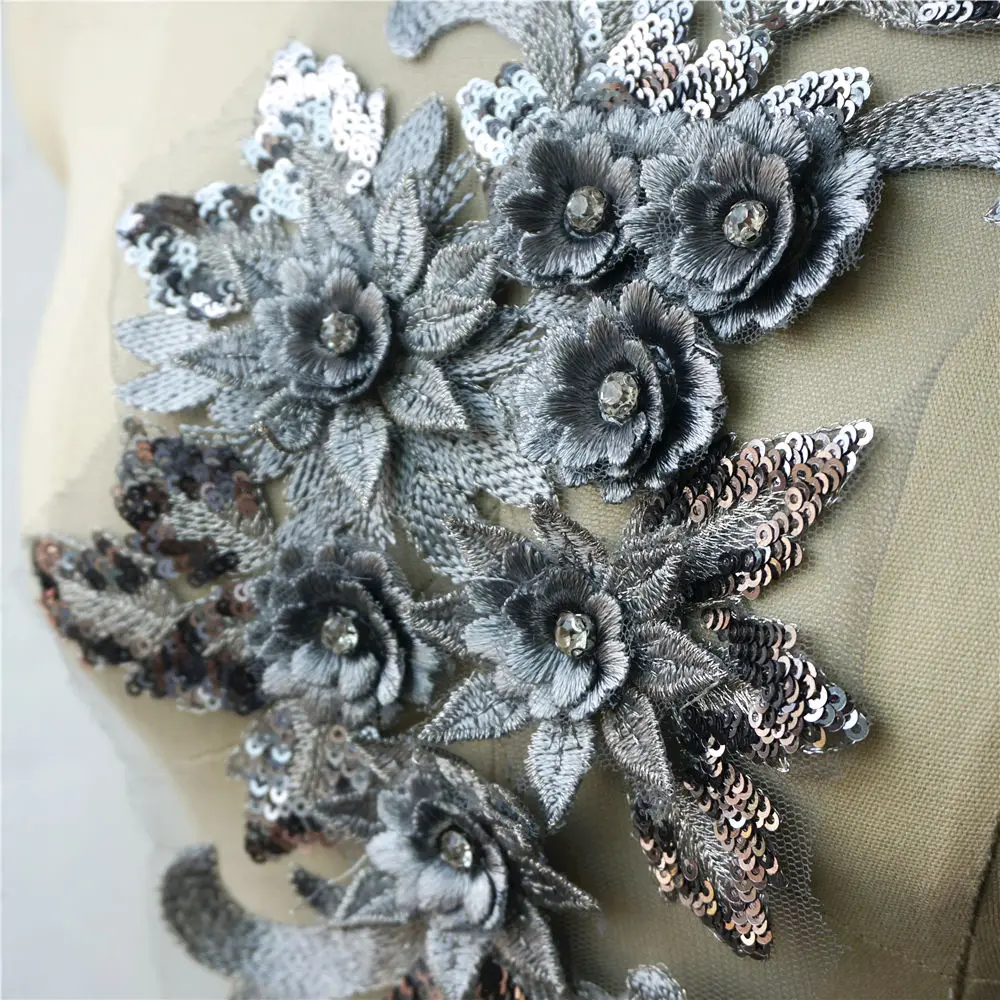 Серая Серебристая кружевная ткань блестки 3D цветы стразы кисточки свадебное