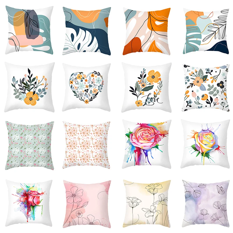 

Cushion Cover Flowers Prints Pillowcases Sofa White Throw Pillows Covers Decorative For Living Room Modern Home Decor 45*45cm/pc