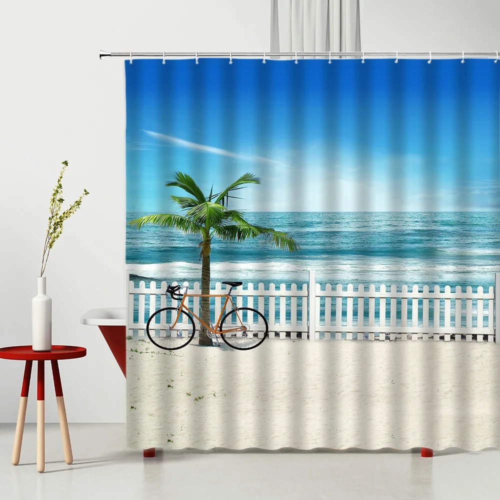

Scenery Shower Curtain Summer Seaside The Sun Is Shining Brightly Sandy Beach Coconut Tree Rainbow Bathtub Decoration