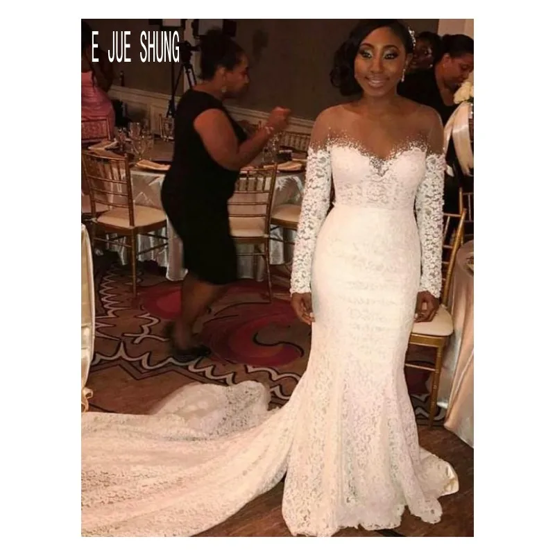 

E JUE SHUNG Mermaid Wedding Dresses Sheer Scoop Neck Long Sleeves Button Back African Wedding Gowns Black Girl Lace Bridal Gowns