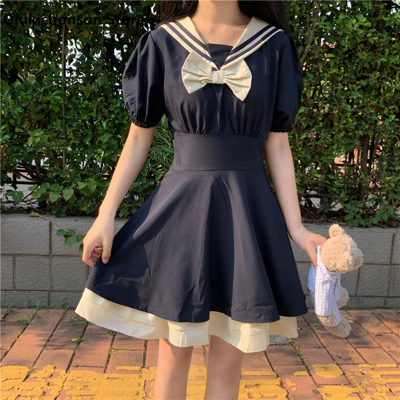 

Summer Women Short Dress Japanese Preppy Style Bowtie Striped Sailor Collar Flounce Stitching Ruffle High Low Dress Puff Sleeve