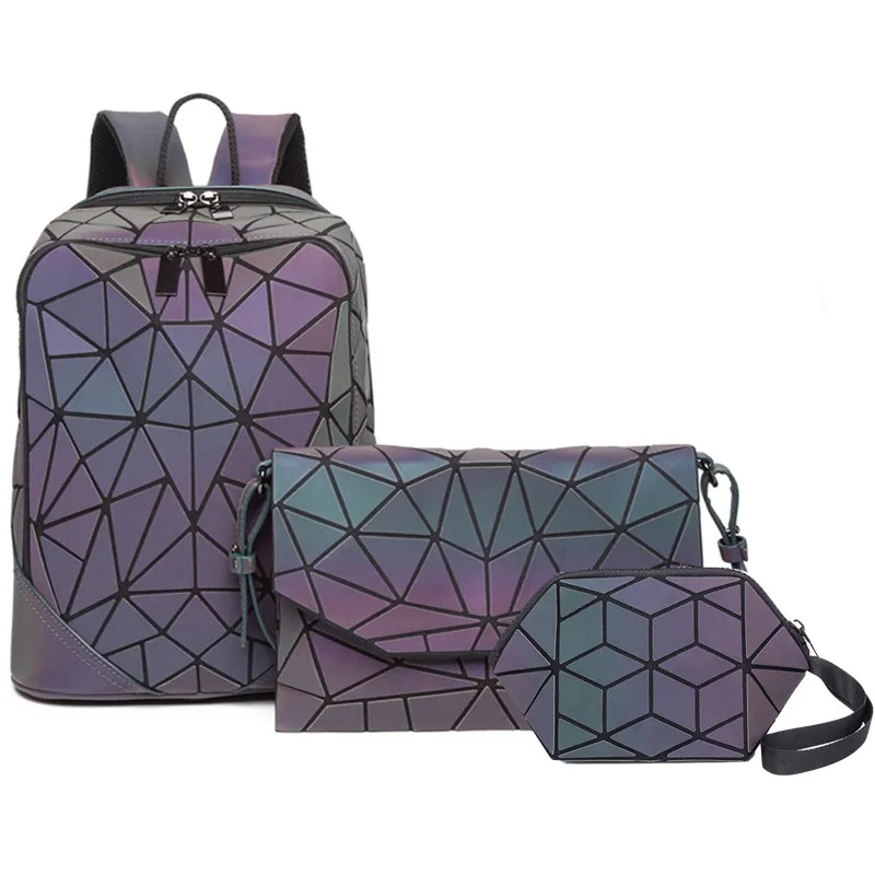 backpack clutch 3pcs Светящийся набор, женский рюкзак, стеганый, в клетку, школьные рюкзаки для девочек-подростков, школьные сумки, голографические, Mochila, клатч, кошелек - Цвет: backpack clutch 3pcs