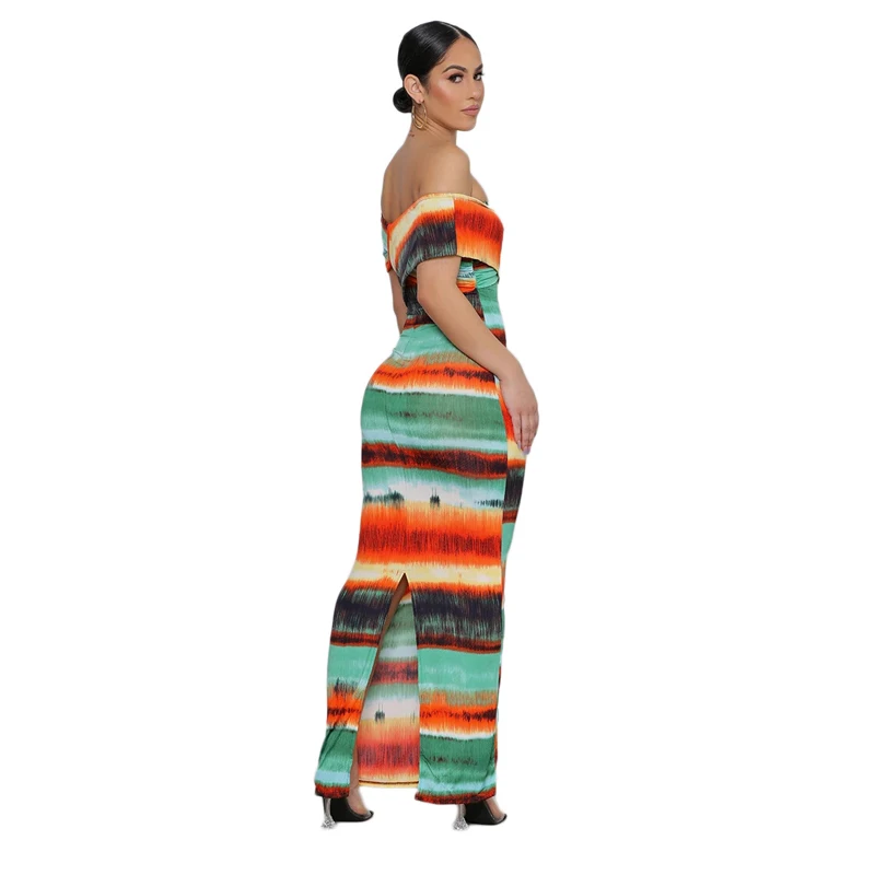 

Strapless Maxi Dress Women Sexy African Style Stripe Printing Clothes Off Shoulder Slim Robe Summer Evening Party Dresses 2021
