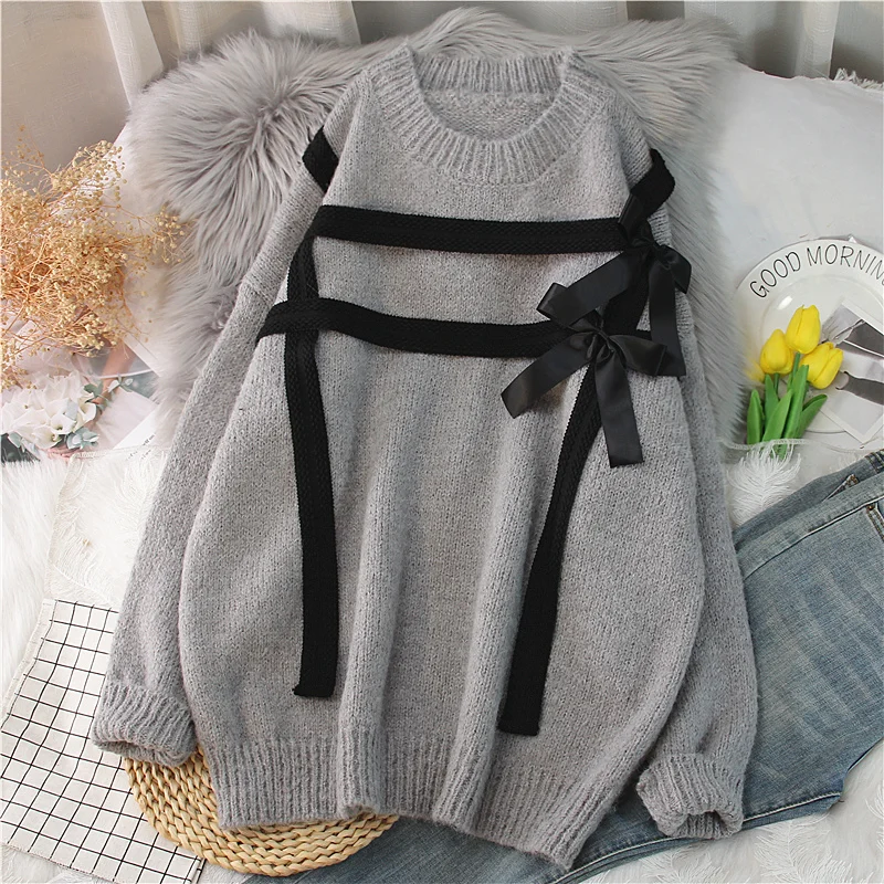 

EBAIHUI Sweater Women Elegant Oversized Knitted Pullovers O Neck Loose Female Knitwear Jumper Lace Bow-knot Decorate Sweaters