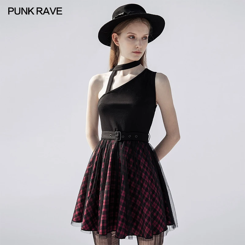 PUNK RAVE Women's Punk Slant Shoulder Neckline Plaid Dresses Fashion Personality A-line Adjustable Belt Daily Casual Short Dress