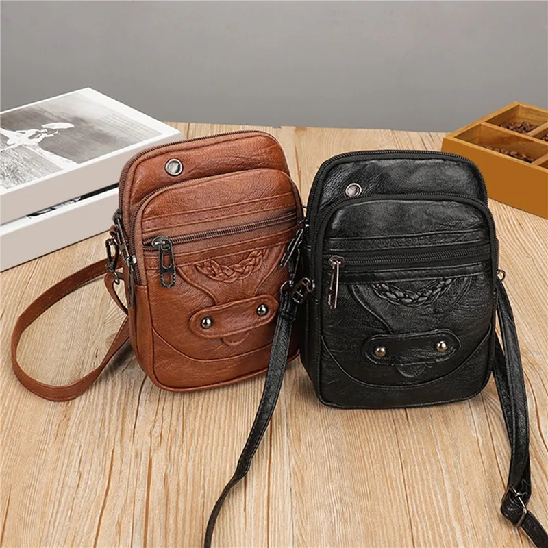

Ladies Retro PU Leather Handbags Mini Mobile Phone Bag Fashion Women Casual Multi-layer Shoulder Bag