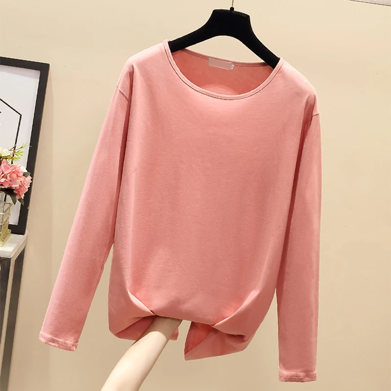 

Fashion Korean Womens T Shirt Spring New Loose Solid Basic Cotton Slit Tops Female O Neck Long Sleeve Casual Tee T-Shirt Femme