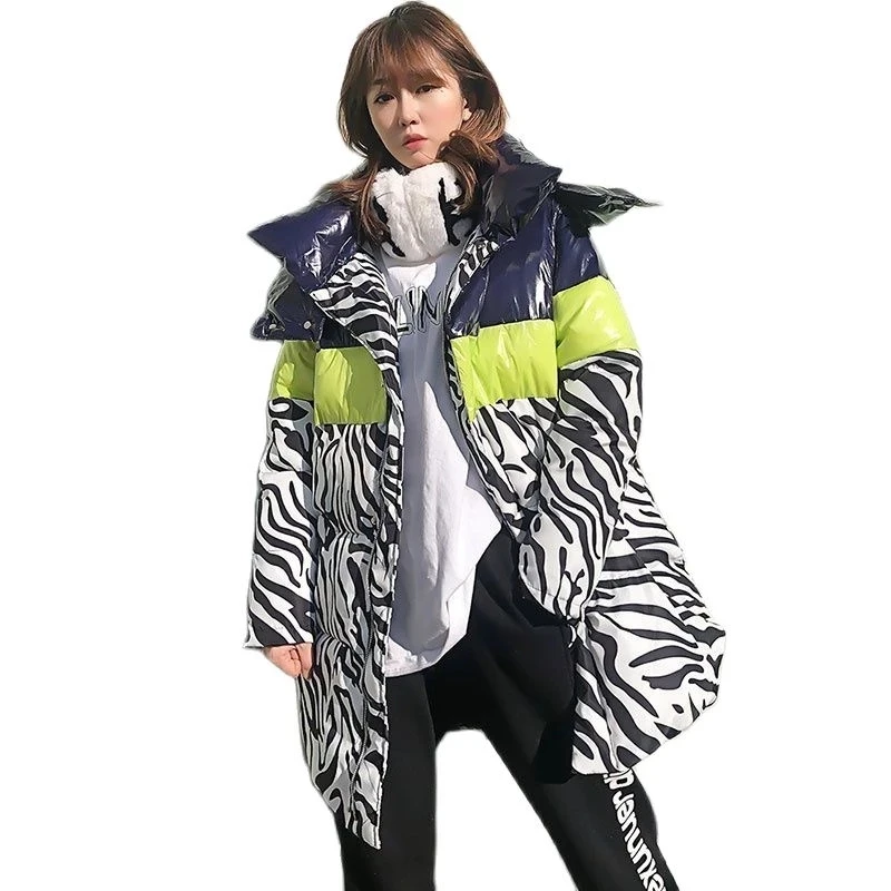

European Fashion Brand Fashion Padded Jacket Zebra Pattern Women Winter Coat 2022 New Thick Loose BF Women's Parka Hooded Jacket