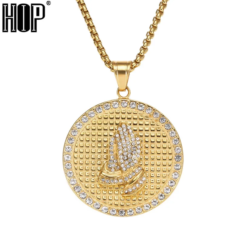 Хип хоп Золото Цвет Нержавеющая сталь Bling Iced Out Веревка Цепь руки молитвы подвески