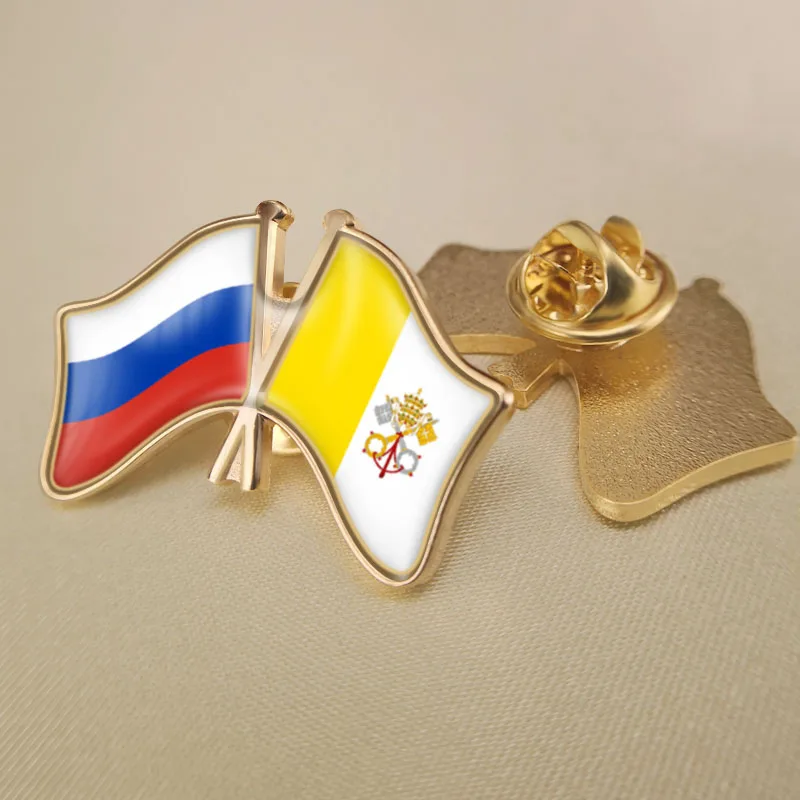 

Russian Federation and Vatican City State Crossed Double Friendship Flags Lapel Pins Brooch Badges