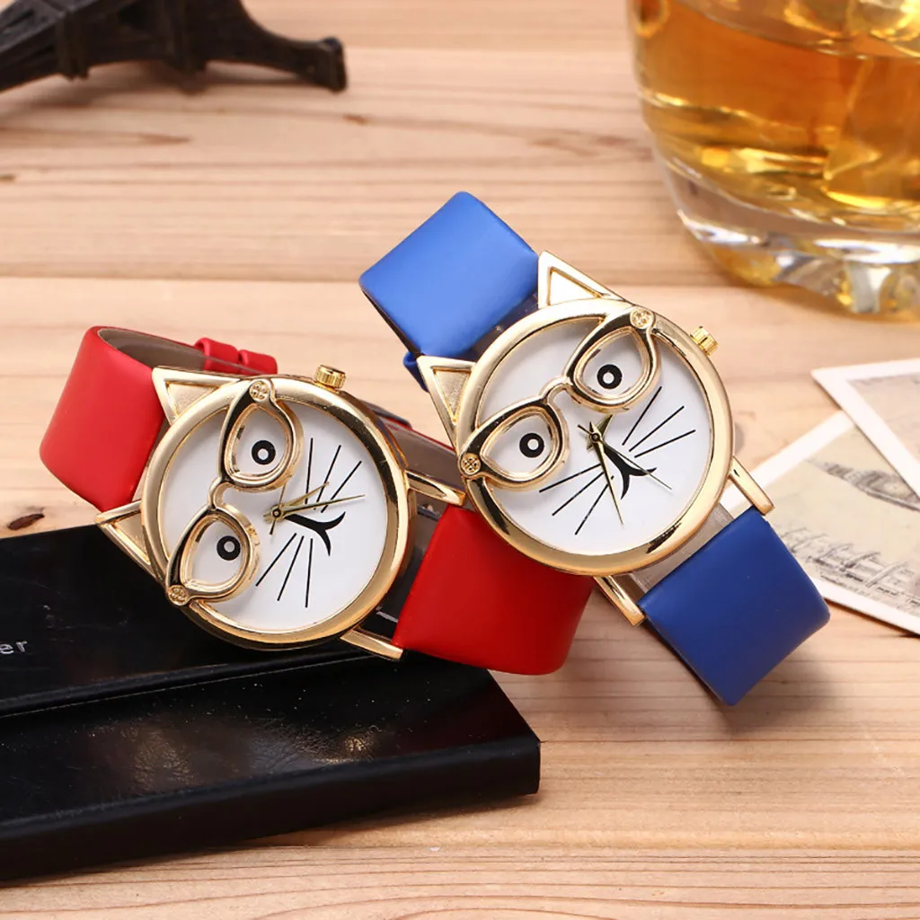 

Ladies elegant wrist watch girl Fashion Lovely Cat With Glasses Strap Dial Women's Quartz Watch Gift Relogio Feminino Zegarek