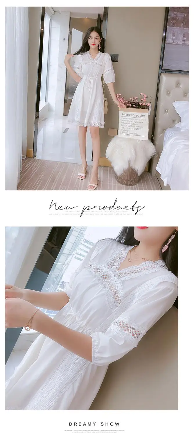 

European lace hollowed-out v-neck waisted dress with a long a-line dress for women in the new summer dress of 2020