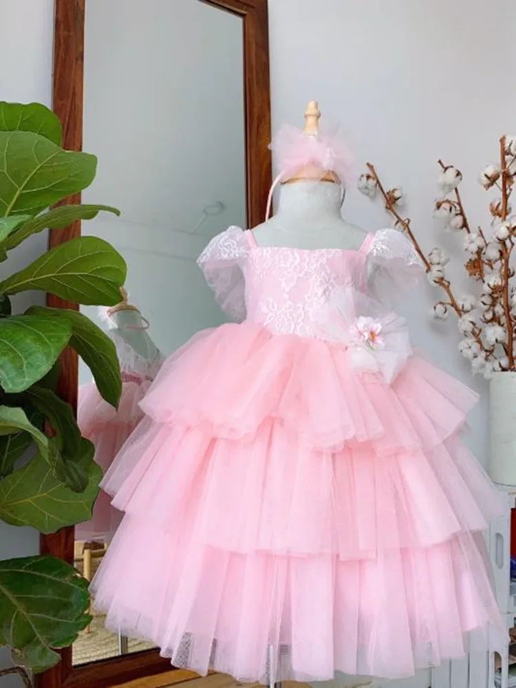 Pink Flower Girl Dresses For Wedding Kids Ball Gowns Tiered Ruffles Backless First Birthday Dresses For Girls
