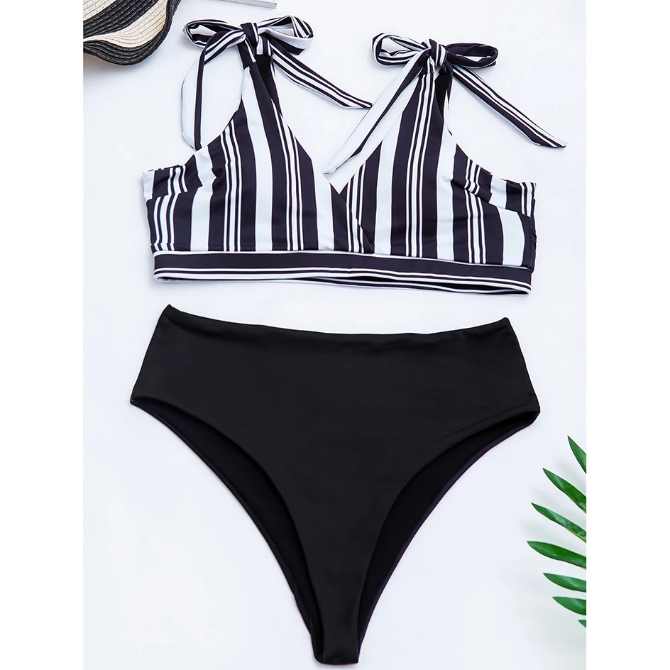Бикини с высокой талией 2020 сексуальный полосатый купальник женский комплект