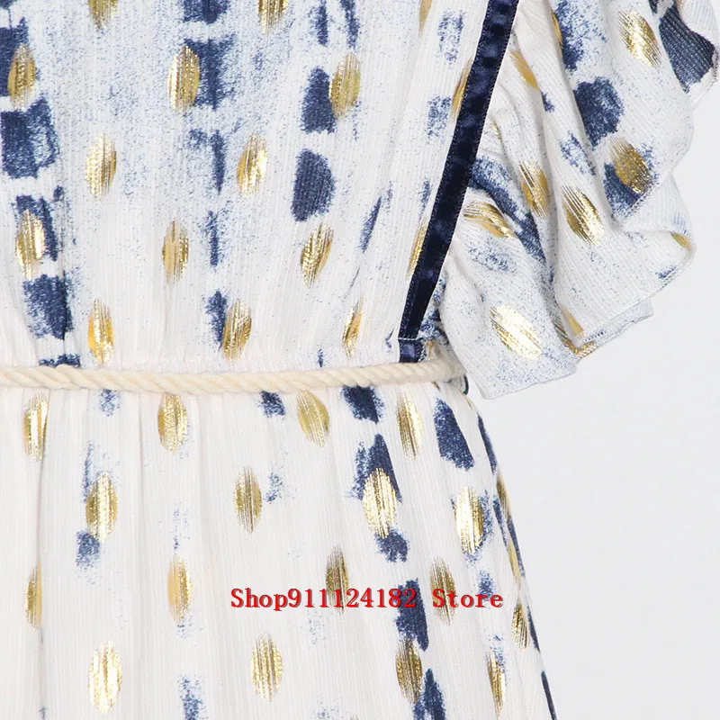 

2021 Spring Australian Holiday Style V-Neck Ruffle Sleeveless Bandage Waist Print Cake Dress Long Skirt