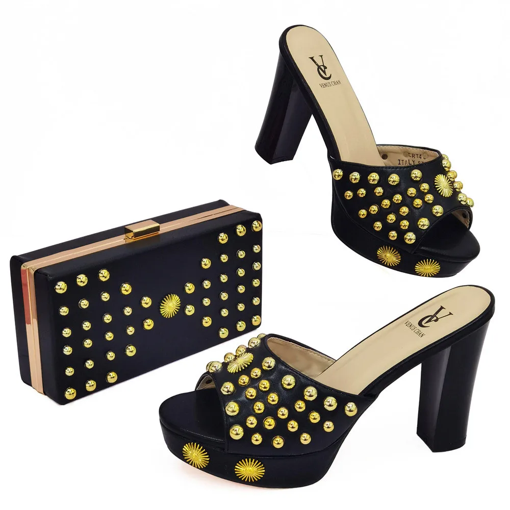 

2021 New Arrival Fashion Special Style Black Color Ladies Shoes and Bag Set Decorated With Metal Fish Bone for Party