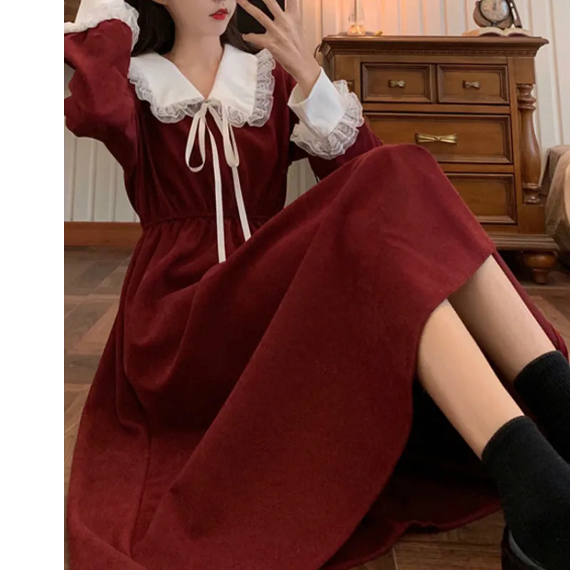 

French Elegant Long Sleeve Lace-Up Fairy Dress Korean 2021 Spring Gothic Clothes Vintage Dress Women Sweet Lace Peter Pan Collar
