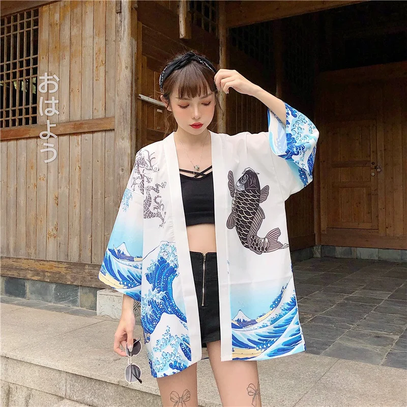 Кимоно женское с принтом юката японская одежда уличная азиатская кардиган