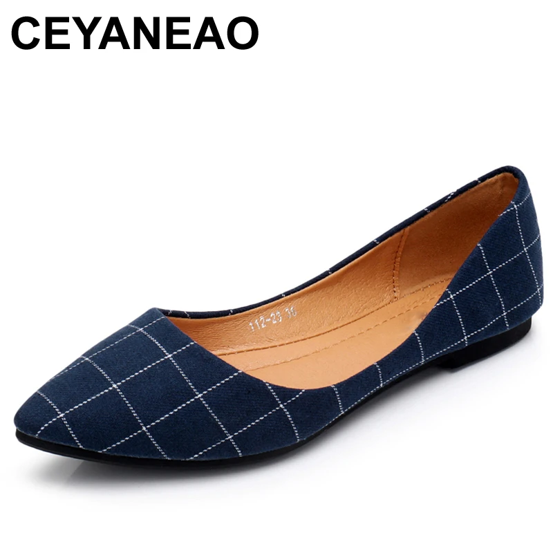 

CEYANEAO Новый 2021 сезон весна-лето модная обувь; Женская Тканевая обувь в клетку с острым носком туфли на мягкой подошве studentsE962