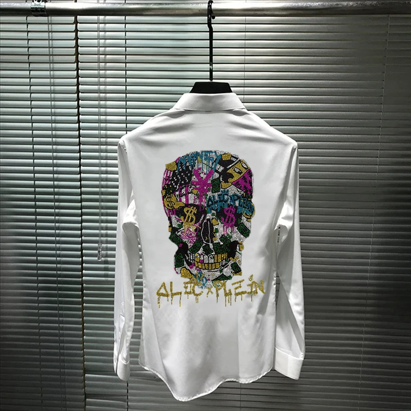 Youth Original Design Button Men's T-Shirt Exquisite Hot Drill Skull Lapel Overalls Simple