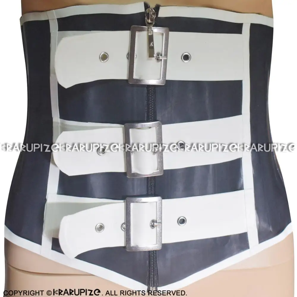 Черно белые сексуальные латексные Корсеты с пряжками спереди шнуровка сзади