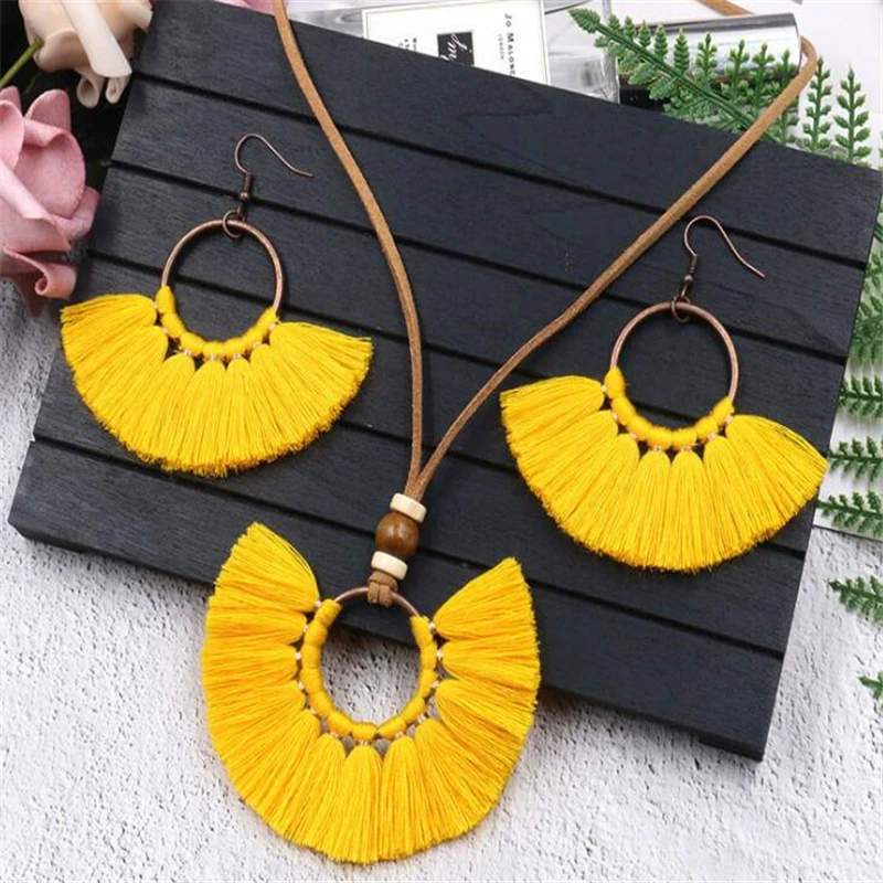 Богемный этнический красочный ювелирный набор с кисточками для женщин, ручная работа, длинные серьги с кисточками, ожерелье, набор, кулон, цепочка на свитер