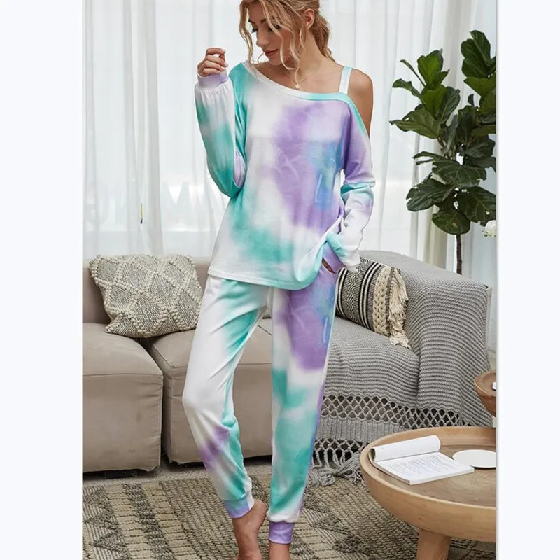 

Fashion Sexy Print Women Pajamas 2020 Autumn Casual Off Shoulder Loose Home Clothes Plus Size