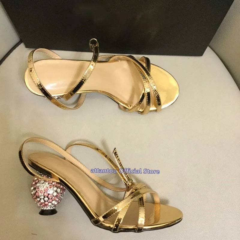 

New Spring Summer colorful crystal ball high heeled strappy gladiator cut-out wrapped sandals women narrow band dress shoes
