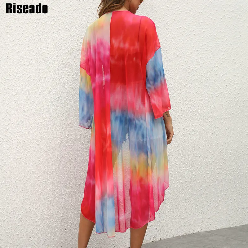 

Riseado Tie Dye Beach Dress Mesh Bikini Cover Up Long Sleeve Cover Up Tunic Sexy Long Beach Cover Up 2021 Summer Bathing Suit