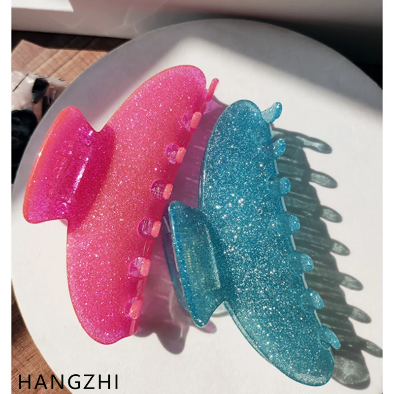 HANGZHI 2021 New French Glitter Pink Bath Barrette Acrylic Hair Clip Shark Claw Hairpin Fashion Head Accessories for Women Girl