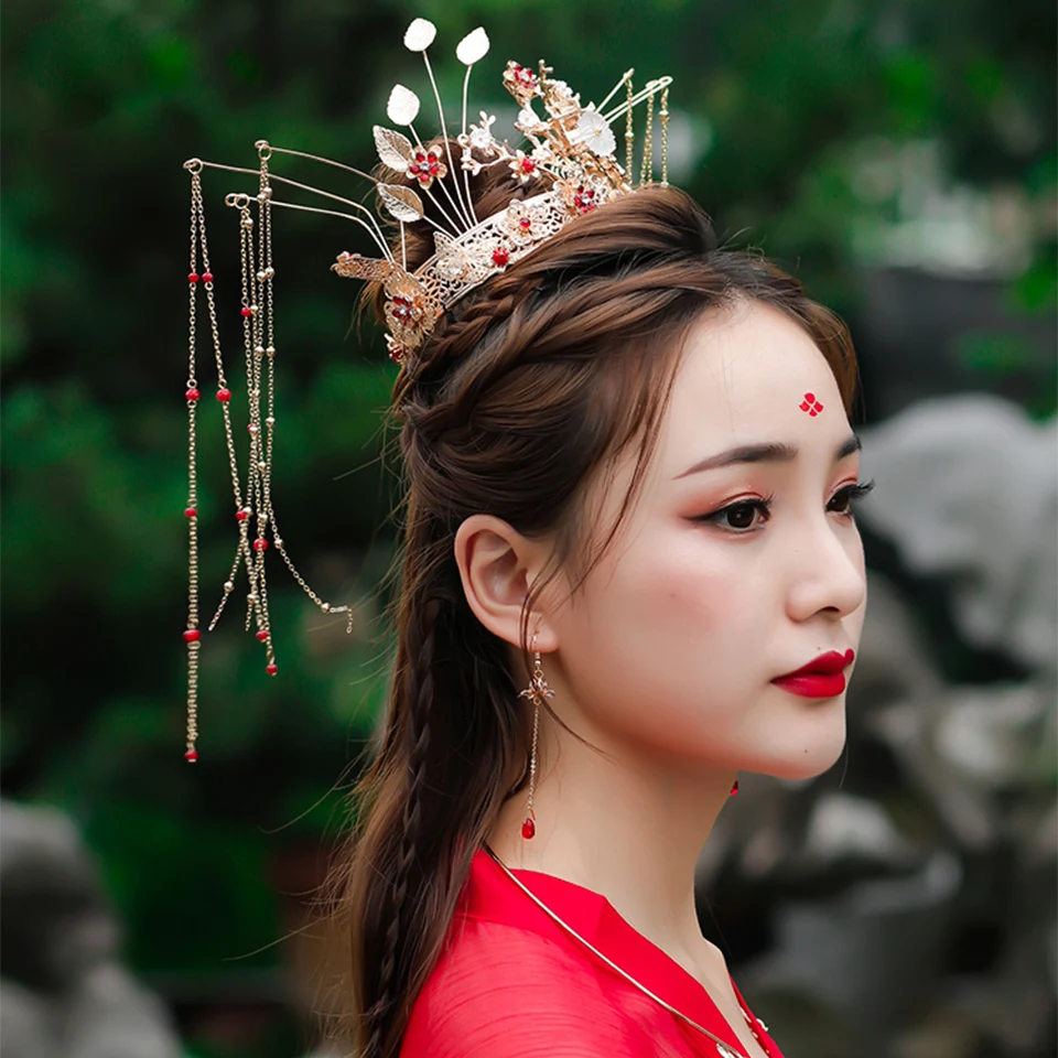 Винтаж китайский стиль золотые свадебные Корона тиары невесты Hairwear Свадебные аксессуары для волос повязка на голову