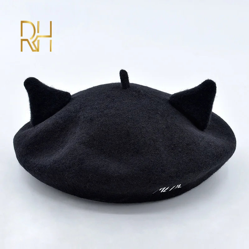 Шерстяной берет с кошачьими ушками художественная шапка милая шерстяная бутон