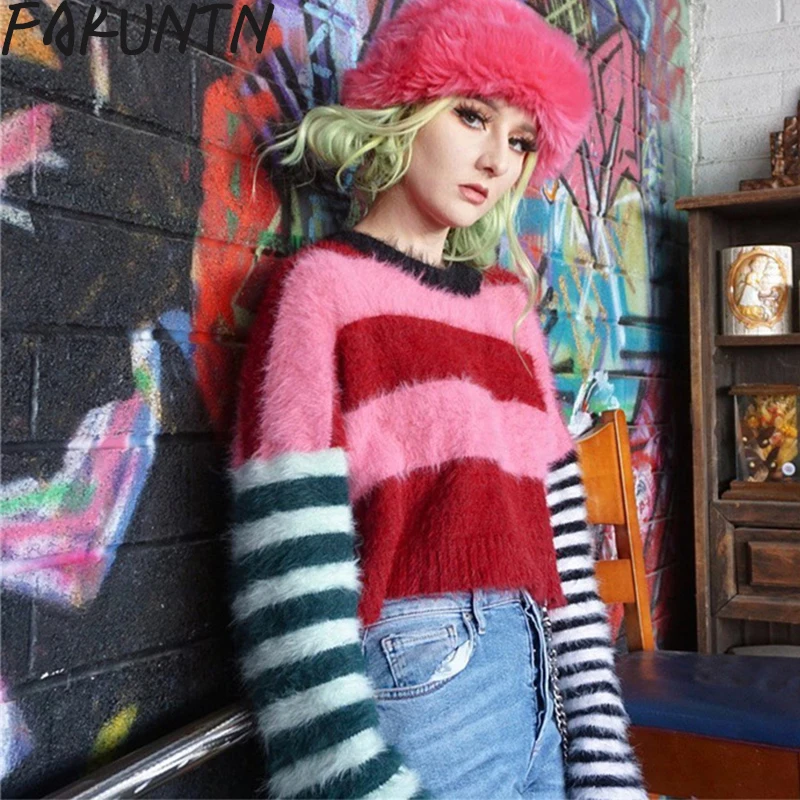 

Женские свитера FAKUNTN, вязаные топы y2k, милый пуловер 2021, модный винтажный джемпер с длинным рукавом, вязаные свитера, женская одежда