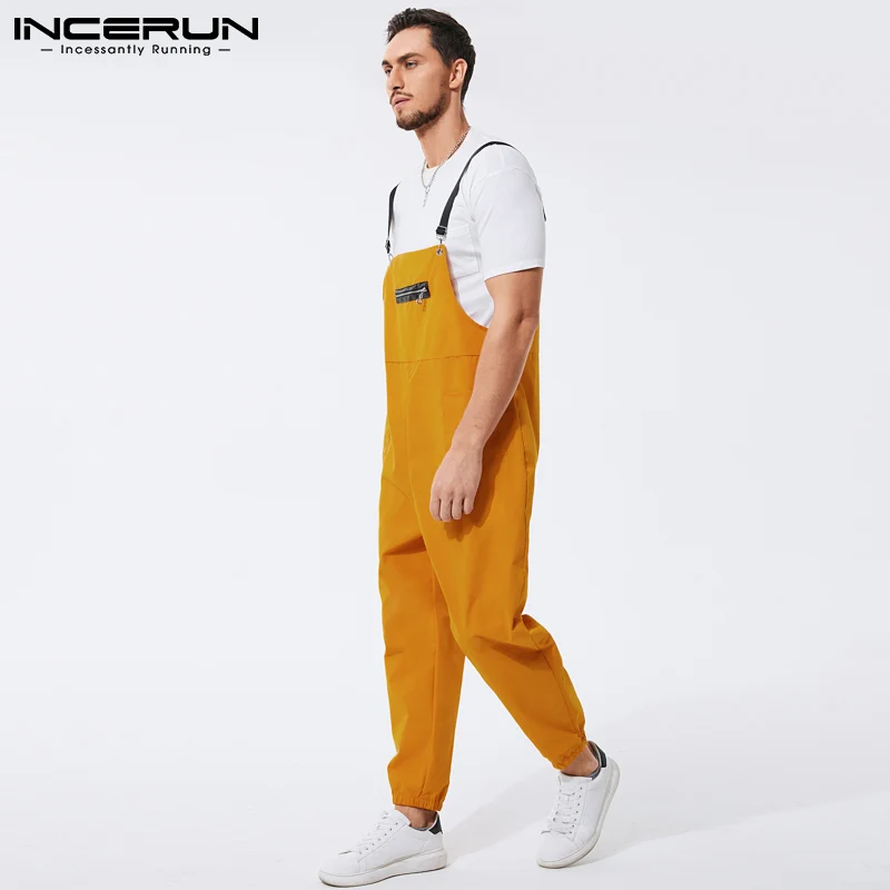 

INCERUN Men Jumpsuits 2021 Patchwork Streetwear Loose Pockets Casual Suspender Rompers Joggers Fashion Men Bib Overalls S-5XL