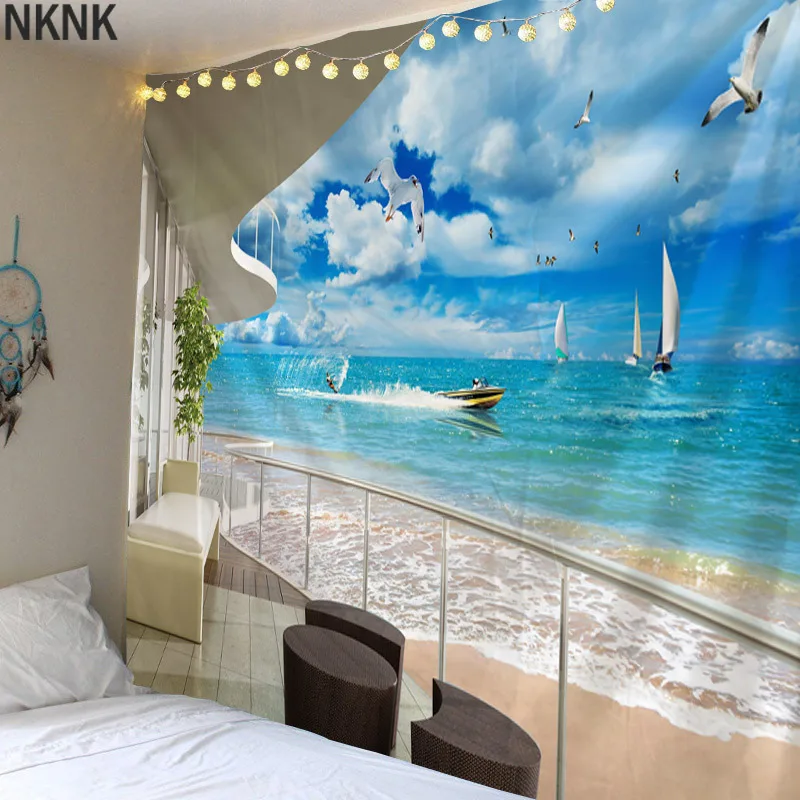 

Sea View From Balcony Psychedelic Tapestry Boho Mandala Wall Hanging Royal Blue Hippie Wall Tapestry Home Decor Mint Yoga Mat
