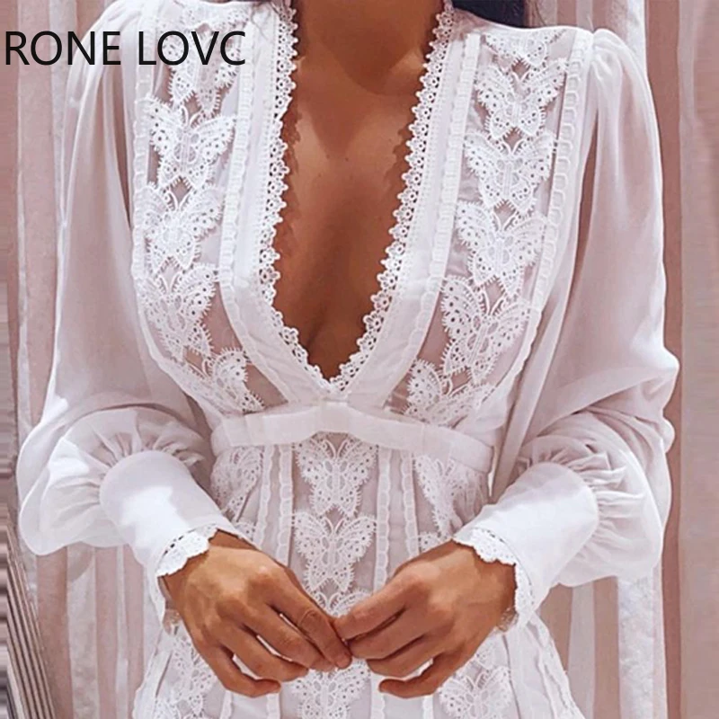 

Women Sheer Mesh Puff Sleeve Butterfly Lace Dress Women Dress