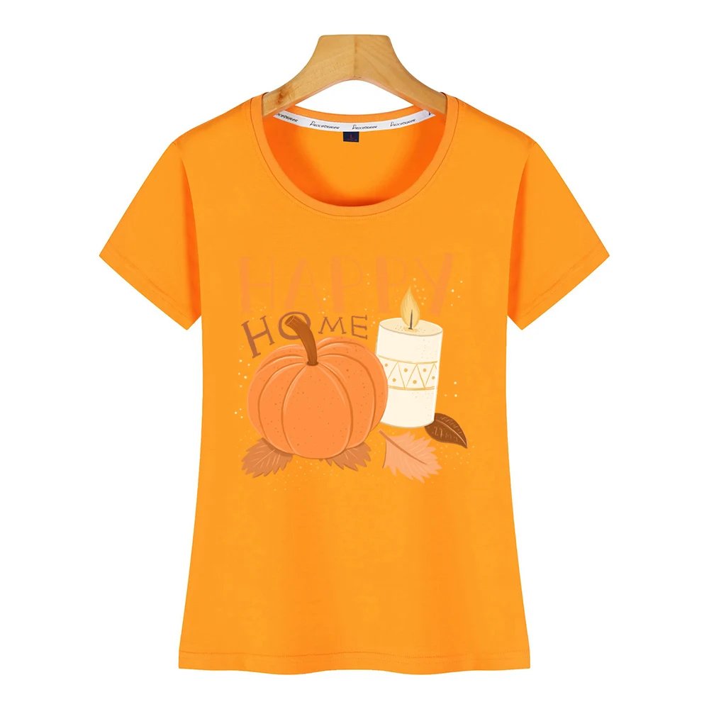 Tops T Shirt Women happy home pumpkin and candle alight hygge Fit Inscriptions Print Female Tshirt | Женская одежда
