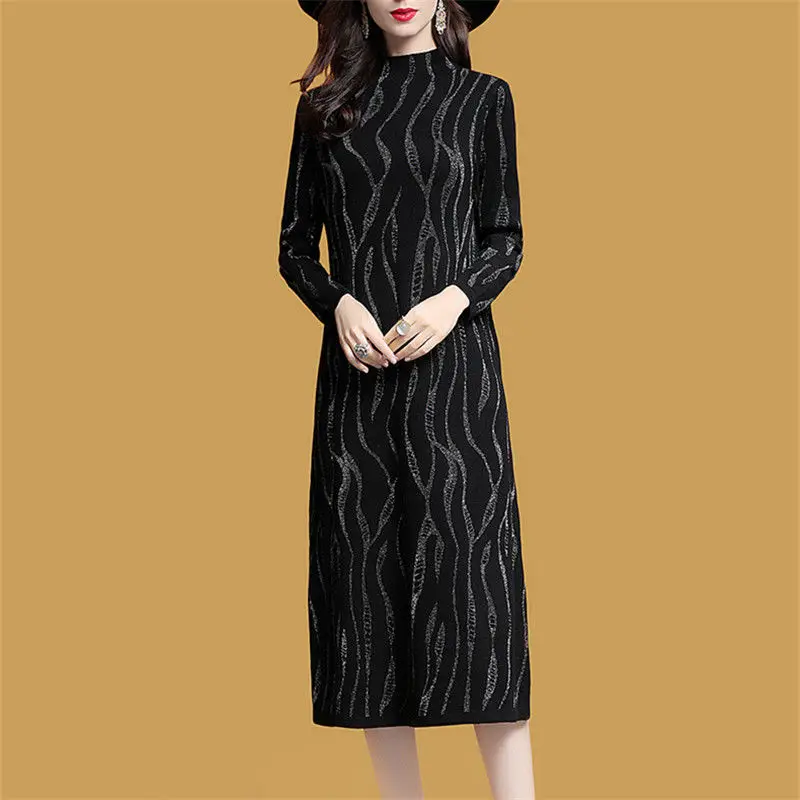 

2021 Women's Autumn Winter Loose Sweater Dresses A-Line Elegant Casual Printed Long Sleeve Dress Office Lady Knitted Dress Y504