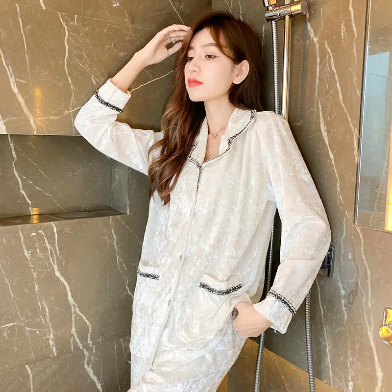 

Golden velvet long sleeve pajamas women's suit