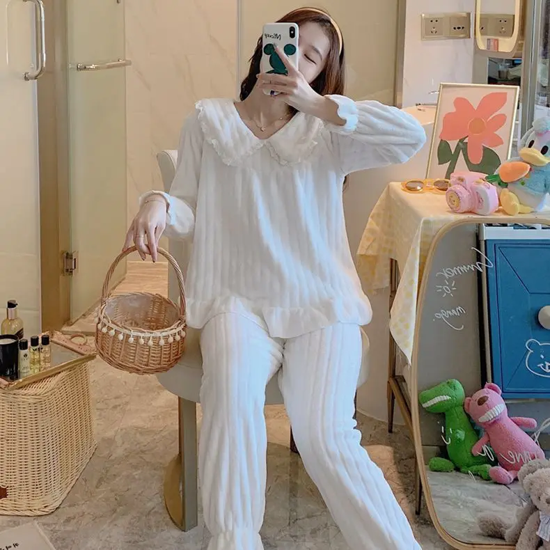 Женский фланелевый Пижамный костюм из 2 предметов белая Домашняя одежда Милая