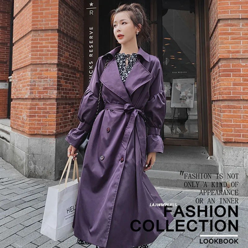 

Korean Style Ladies Purple Trench Coat Solid Long Double Breasted Belted Oversize Loose Women Duster Coat Outerwear