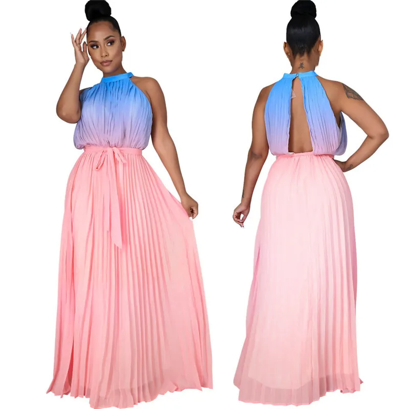 

WUHE Gradient Print Women Bodycon Off Shoulder Lace Up Sleeveless Sexy Hollow Out O Neck Casual Party Club Summer Slim Dresses