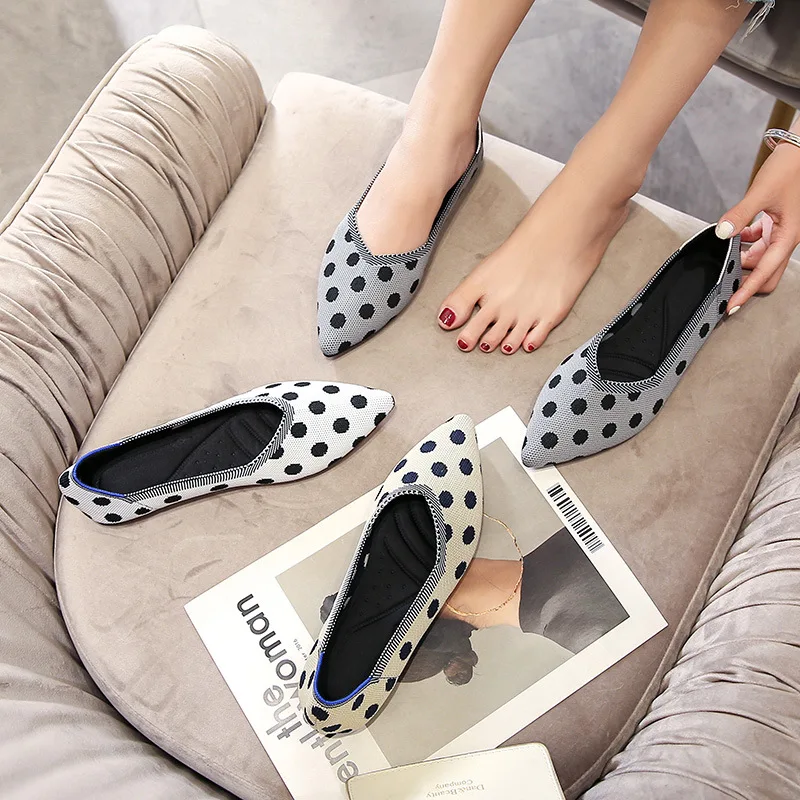 35-43 Women's Flat Shoes Ballet Shoes Moccasin Mixed Color Shoes Women Knit Pointed Shoes Soft Pregnant Shoes Zapatos De Mujer