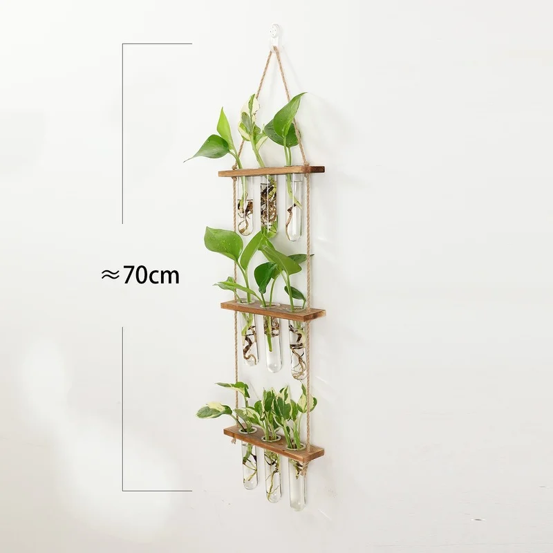 Macetero de vidrio colgante de pared, terrario con soporte de madera para plantas hidrop&oacute;nicas, Mini florero de tubo de ensayo, propagador, decoraci&oacute;n de jard&iacute;n y oficina en casa-3